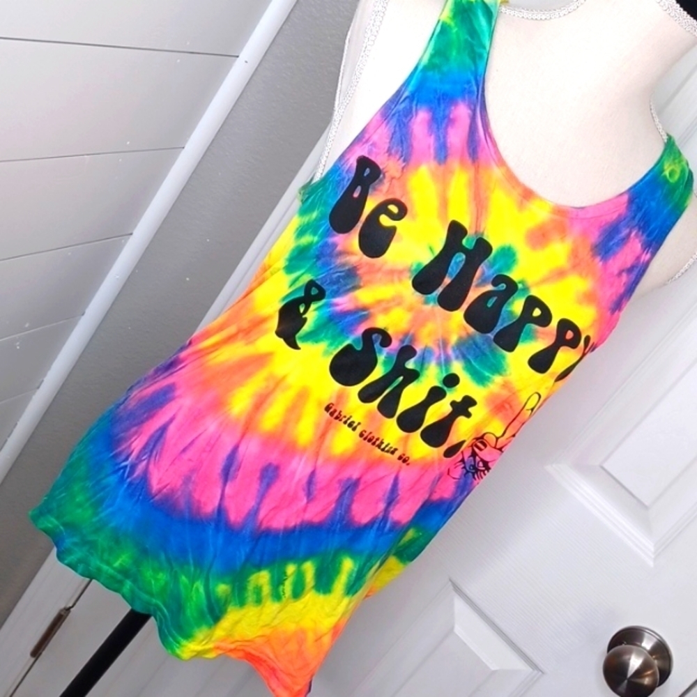 TYE DYE BE HAPPY AND SHIT PEACE SIGN TANK TOP